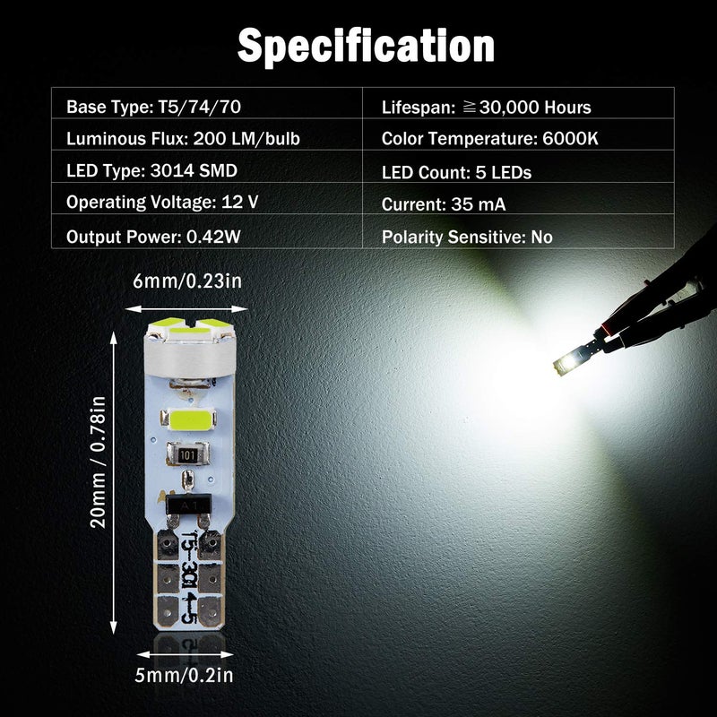 BRISHINE 10X T5 LED Bulbs Xenon White Canbus Error Free 3014 Chipsets Wedge 74 2721 37 PC74 LED Bulbs for Car Interior Gauge Cluster Dashboard Instrument Panel Indicators Speedo AC Lights - Image 2